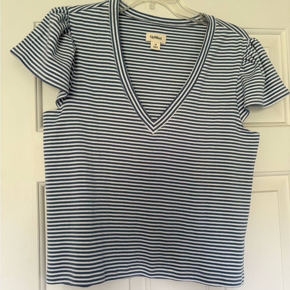 UpWest Blue and White Striped V-neck Tee
